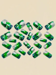 24 piezas de uñas con diseño de degradado verde para uñas postizas, arte de uñas, uñas falsas, suministros de uñas - Verde - Ver 4
