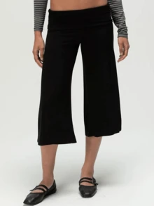 Women Fold Over Lounge Capris Wide Leg Cropped Flowy Gaucho Pants Comfy Casual Yoga Coluttes Pajama Bottom - 黑色 - 查看 2
