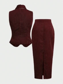 Elegant Minimalist Holiday Party Commute Daily Business Vest Suit Co-Ord Sets For Women, Autumn Vest Suit Waist Cinched Fitted Suit Skirt Women's Set Summer - Burgundy - View 6