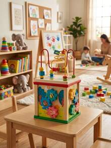 Cubo didáctico de madera para niños mayores a 1 año, material resistente,  en medidas de 15 cm x 28 cm, con 4 caras con diferentes actividades como embonar figuras,  engranes,  circuitos, giro de piezas, parte superior desmontable, fácil de guardar, para actividades de estimulación temprana, preescolar,  alimenta la mente de tu pequeño con el cubo de actividades - Multicolor - Ver 6