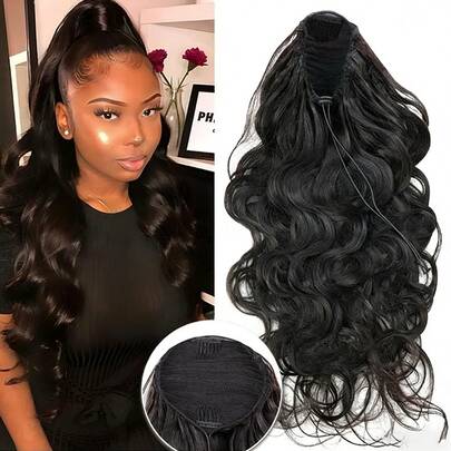 BINF Premium Body Wave Human Hair Drawstring Ponytail, Natural Look Human Hair Extensions, Easy To Wear No Glue Hair Topper For Women 100% Human Hair Body Wave Drawstring Ponytail, Instant Style Hair Extensions, All Day Wear Easy On Hair Topper For Women
