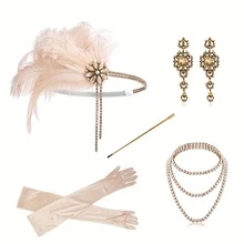 20 Pieces Women's 1920s Accessories Set: Robe, Great Gatsby-Style Feather Headpiece, Faux Pearl Necklace, Gloves Prom Halloween - Multicolor - View 43