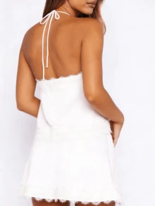Women's Solid Color Lace Trim Satin 2 Piece Set Sleeveless Halter Neck Open Back Tops And Low Rise Mini Skirts Y2k Going Out Streetwear For Summer Stylish Club Party Wear - 白色 - 查看 3