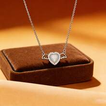 1pc S925 Silver Luxury Heart Wing Design Pendant Necklace With Sparkling Zirconia, Elegant Everyday Wear Jewelry, Quality Gift For Loved One - Silver - View 1