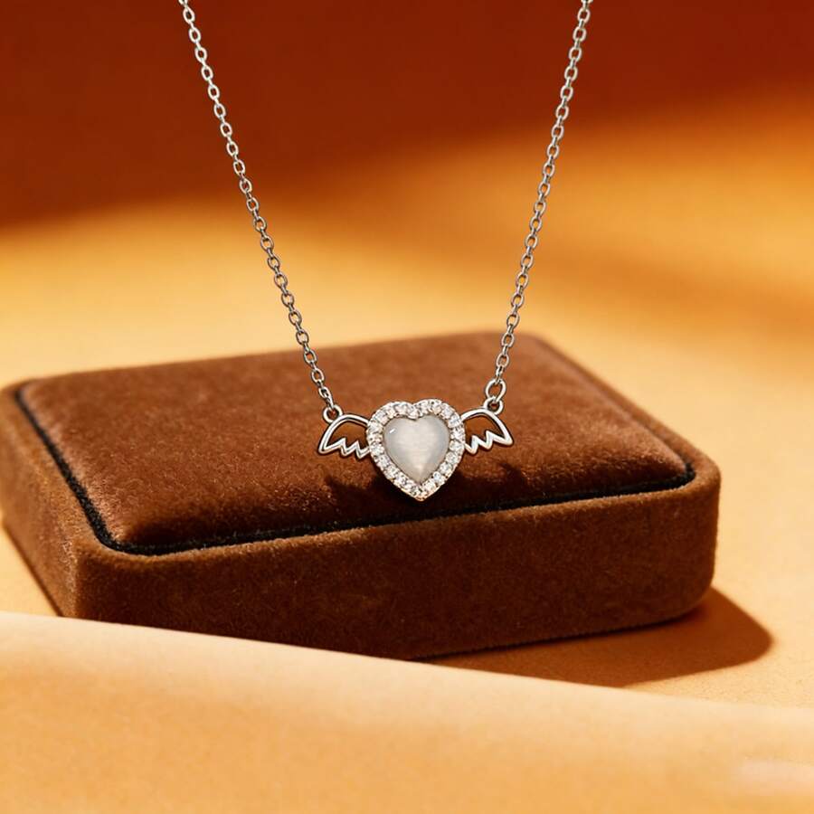 1pc S925 Silver Luxury Heart Wing Design Pendant Necklace With Sparkling Zirconia, Elegant Everyday Wear Jewelry, Quality Gift For Loved One - Silver - View 1