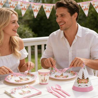 1件套 - 迷人的独角兽花卉派对系列 - 优雅的一次性餐盘、杯子和餐具，打造梦幻般的庆祝活动，是生日、母亲节早午餐、迎婴派对、花园派对、家庭聚会的理想之选，也是小型或大型活动的奇幻装饰。
