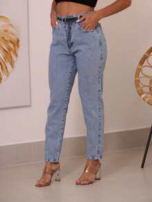 Women's High-Waisted Plain Jeans - 霧霾藍 - 查看 3