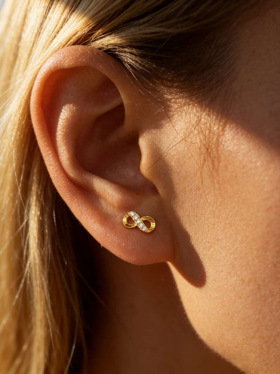 1 Pc 925 Sterling Silver Infinity Symbol Stud Earrings, 5A CZ Sparkling Hypoallergenic Dainty Jewelry, Party Everyday Gift For Women Her Valentine's Day - Yellow Gold - View 1