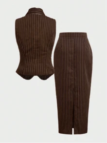 优雅简约假日派对通勤日常商务马甲套装，女士秋季马甲套装收腰修身西装裙套装，夏季 - 棕色 - 查看 7
