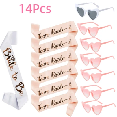 Bộ 14 món ruy băng thanh lịch và kính mắt thời trang phù hợp cho cô dâu tương lai, đám cưới, tiệc độc thân nam, tiệc độc thân nữ, trang trí cho phù dâu, tiệc độc thân nam, phụ kiện cưới, tiệc cô dâu, đồ dùng tiệc tùng, quà tặng phù dâu, quà lưu niệm đám cưới.