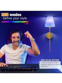 2 đèn treo tường chạy bằng pin màu vàng, đèn LED treo tường sạc lại được với chao đèn bằng vải, đèn treo tường không dây cho phòng ngủ và đầu giường. - Một cỡ - Xem 4