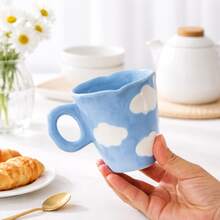 创意手工捏花设计陶瓷马克杯 可爱田园风咖啡杯 - 藍色 - 查看 6