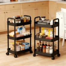 4-Tier Black & White Rolling Storage Cart With Wheels – Rattan-Style Plastic Organizer For Bedroom, Kitchen, Bathroom & Office | Mobile Shelf For Books, Snacks, Cosmetics & Tools Home Organization Essential For Renters, Students & Minimalists - 黑色加厚 - 查看 7