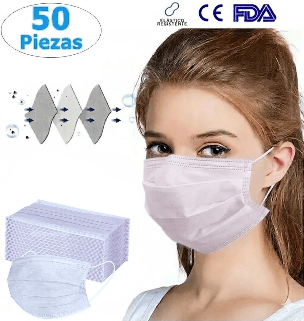 50 Cubrebocas Adulto y niños desde 12 años protección contagios filtración bacteriana basico desechable cordones elasticos - Ver 1