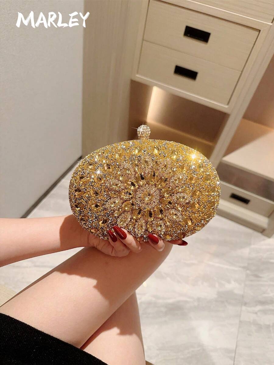 One Pcs Gold Rhinestone Sunflower Evening Bag.Women's Clutch For Party, Club, Wedding. Valentine's Day Gift Love Holiday Date Rhinestone Women Luxury Clutch Evening Bag Wedding Crystal Ladies Cell Phone Pocket Purse Female Wallet For Party Quality Gift, Elegant Prom Bag - 金色 - 查看 1