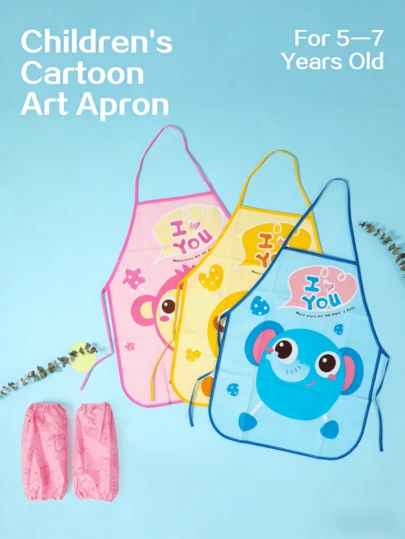 2 Sets Cartoon Waterproof Children's Art Aprons, Long Sleeve Reverse Wear Design, Soft Breathable Waterproof Anti-Dirty Easy To Clean, Matching Sleeve Covers For More Protection, Comfortable And Secure Fit, Suitable For Painting, Crafts, Eating, Daily Protection Apron + Sleeve Covers (Random Pattern)