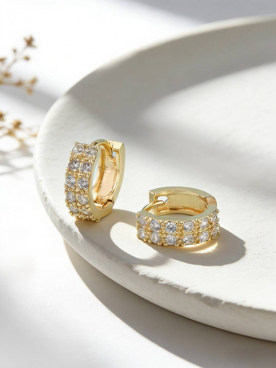 1 Pair Elegant Double-Row Cubic Zirconia Yellow Earrings - Gold - View 1