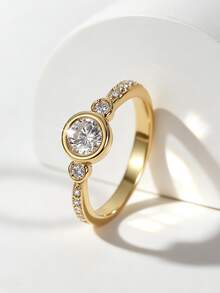 Charm-In 18K Gold Bezel Set Round Diamond Ring With Side Stones – Dainty Promise Ring - Gold - View 1