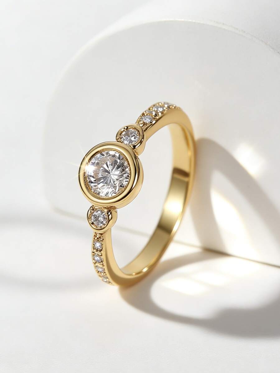 Charm-In 18K Gold Bezel Set Round Diamond Ring With Side Stones – Dainty Promise Ring - Gold - View 1