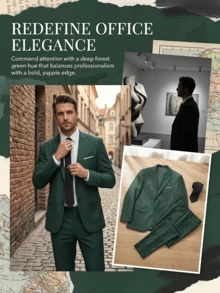 Men's 3 PiecesSuit Set Blazer&Pants&Striped Tie Versatile Elegant Formal Wear Slim-Fit Business Casual Office Work Events Wedding Daily Occasions - Dark Green - View 5