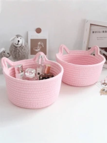 1pc Handmade Woven Cat Ear Design Storage Basket, Suitable For Living Room, Bedroom, Desk, Bedside Table Top Storage Basket (Pink) - Pink - View 3