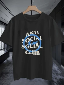 Blue Lightning Bolts Crossing A Circle With Bold Words Expressing Anti Social Club Attitude Symbolizing Independence And Urban Rebellion Men 100% Cotton Tshirt - 黑色 - 查看 6