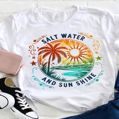 Women's 100% White Tropical Beach T-Shirt - Short Sleeve Casual Summer Tee With Palm Tree & Salt Water Sun Print, Turquoise Ocean Wave Design, Hawaiian Vacation Outfit, All-Season Breathable Shirt For Pool & Coastal Wear