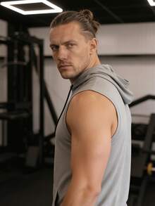 ZULIZ 男士无袖连帽背心，浅灰色面料，适合健身、运动、跑步、马拉松、日常休闲穿着，吸湿排汗 - 灰色 - 查看 3