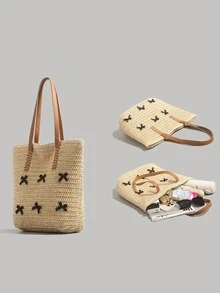 Casual Chic Hollow Straw Tote Bag, Versatile Large Capacity Beach Shoulder Bag For Women - White - View 5