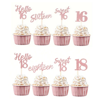 闪亮16岁/18岁生日纸杯蛋糕装饰插牌，十六岁/十八岁生日快乐纸杯蛋糕插牌，甜蜜16岁/18岁生日快乐，18岁生日快乐蛋糕装饰，适用于洗礼、16岁/18岁生日、成人礼、周年纪念派对装饰用品，闪亮玫瑰金