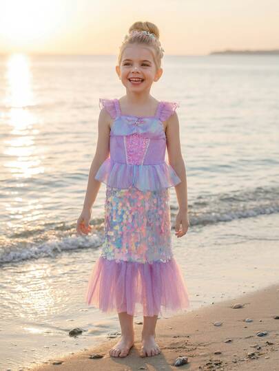 年輕女孩閃亮魚尾帽短袖網紗連衣裙，饅頭邊非常適合演出、派對和晚會