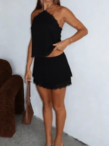 Women's Solid Color Lace Trim Satin 2 Piece Set Sleeveless Halter Neck Open Back Tops And Low Rise Mini Skirts Y2k Going Out Streetwear For Summer Stylish Club Party Wear - 黑色 - 查看 6