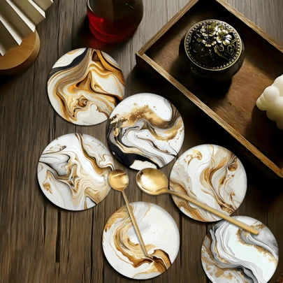 6pcs Gold Marble Pattern Coaster Set, Home Decor Absorbent Silica Gel Coasters For Tea Cup, Water Glass, Wine Glass, Coffee Cup, Dining Table, Suitable For Home, Party, Kitchen Accessories, All Season Decoration