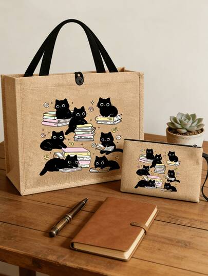 2pcs/Set Cute Cat Print Jute Tote Bag Set With Inner Pouch, Spacious Canvas Shoulder Bag Matched With Coordinating Storage Bag, Suitable For Daily Use To Carry Groceries, Books, Essentials, Ideal For Cat Lovers, Women, Students, Commuters, Great For Everyday Outings, Shopping, School, Farmers Market, Also Can Be Used As A Casual Handbag.