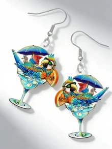 2D热带鹦鹉亚克力水滴耳环，双面印花，夏威夷鸡尾酒杯设计，夏日鸟儿水滴耳环，沙滩派对耳环 - 鸚鵡雞尾酒 - 查看 3