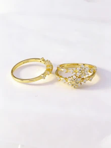 Flyleaf 1pc 925 Sterling Silver Luxury 18K Gold Plated Cubic Zirconia Snowflake Open Ring, Elegant Jewelry For Party & Banquet - Gold - View 9