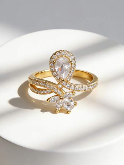 Charm-In Romantic Gold Plated Pear Cut CZ Ring Delicate Floral Crystal Jewelry Gift For Girlfriend And Bridesmaids