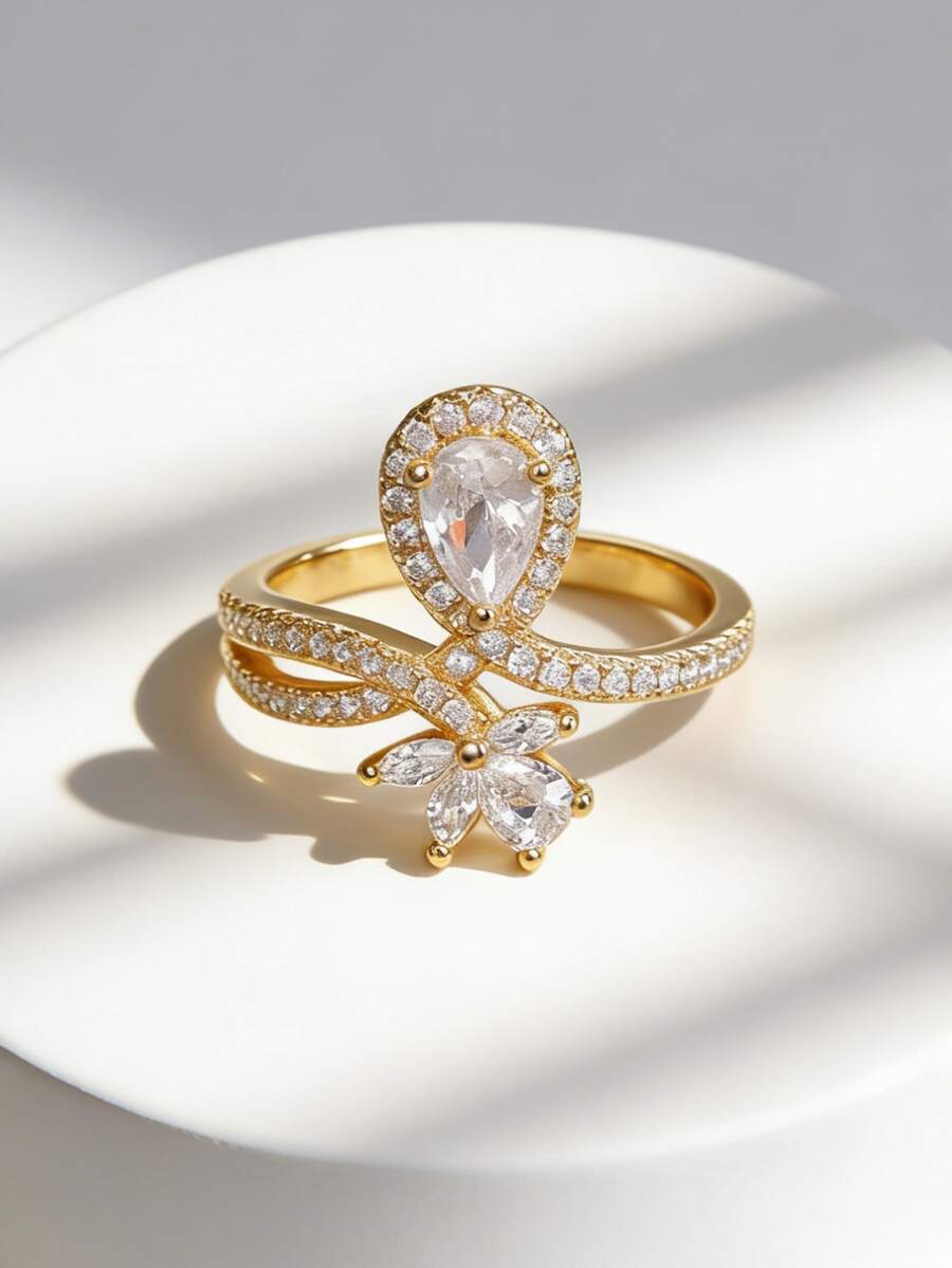 Charm-In Nhẫn mạ vàng lãng mạn đính đá CZ hình quả lê, thiết kế hoa tinh tế, món quà trang sức pha lê dành cho bạn gái và phù dâu. - Vàng - Xem 1