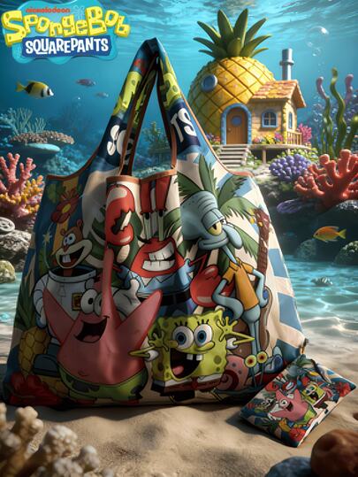 SpongeBob SquarePants 1 Túi mua sắm/túi xách gấp gọn in hình hoạt hình dễ thương, kèm theo một túi nhỏ có thể treo bên hông.