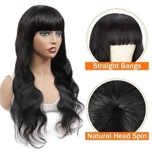 150% Density Body Wave Glueless Wig With Bangs No Lace Brazilian Virgin Human Hair Machine Made Wig With Rose Net Cap Wig For Women Easy Wear To Go - Natural Black - View 2
