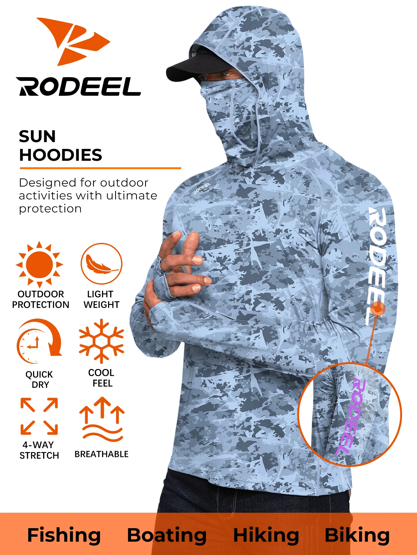 RODEEL Sweatshirt Hoodie Outdoor Pria dengan Masker Wajah dan Pelindung Leher, Lubang Jempol, Lembut & Ringan, Elastis 4 Arah untuk Musim Gugur - Baby Blue - View 1