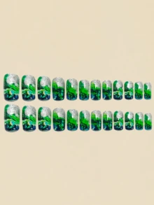 24 piezas de uñas con diseño de degradado verde para uñas postizas, arte de uñas, uñas falsas, suministros de uñas - Verde - Ver 3