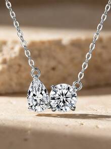 1pc S925 Sterling Silver Teardrop & Round Diamond Pendant Necklace, Exquisite Jewelry Gift For Women - Round Diamond - View 5