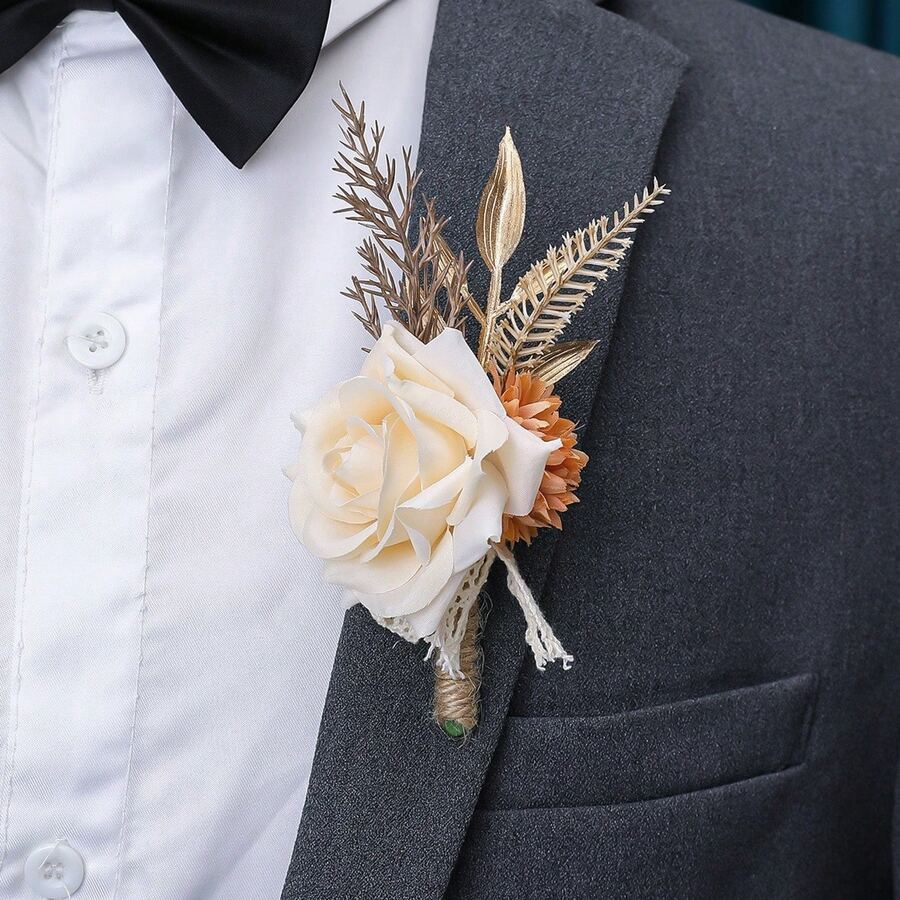 1pc Champagne Rose Flower With Golden Leaves Boutonniere, Suitable For Groom, Bride, Groomsman, Bridesmaid For Wedding, Engagement, Party, Banquet And Other Occasions - Multicolor - View 1