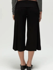 Women Fold Over Lounge Capris Wide Leg Cropped Flowy Gaucho Pants Comfy Casual Yoga Coluttes Pajama Bottom - 黑色 - 查看 3