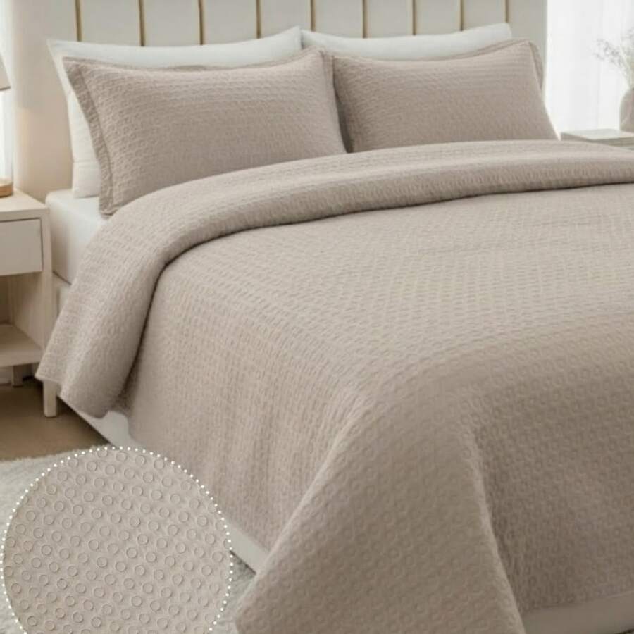 Ultrasonic Quilted Bedspread Set, Percale Soft Touch, 2 And 3 Pieces, Flora 2 Habitat, Single, Double, Queen, King And Super King Sizes. - Beige medio - Ver 1