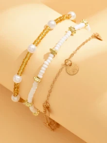 3件套时尚金色圆形吊坠流苏串珠脚链，女士日常佩戴及节日配饰 - 金色 - 查看 3