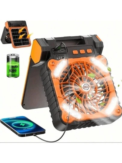 5200mAh ソーラー扇風機、ソーラーパネル付きキャンプ用扇風機、ポータブル アウトドア扇風機、LEDライト、バッテリー式静音ファン、ピクニック、BBQ、釣り、旅行に適しています