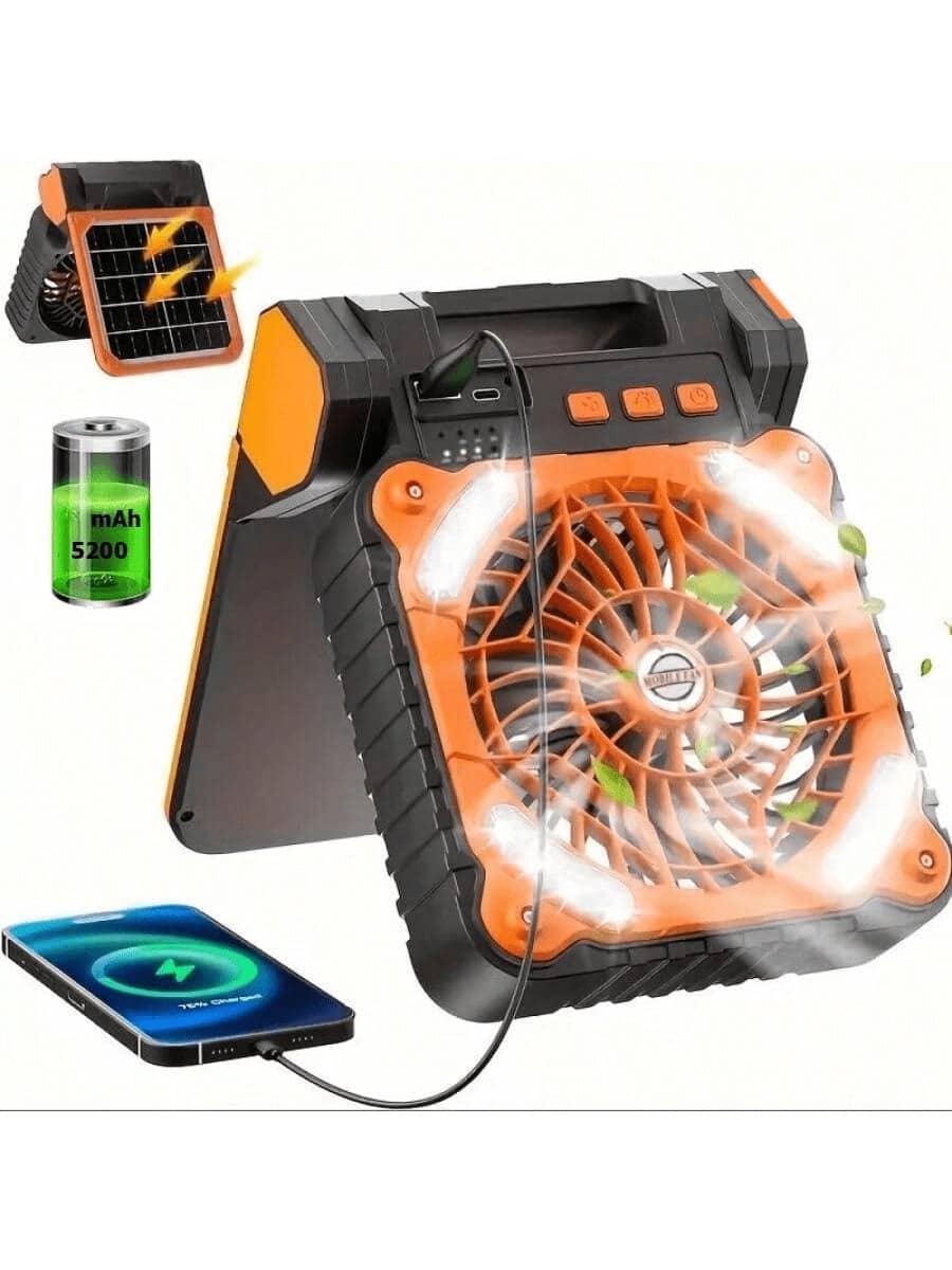 مروحة تعمل بالطاقة الشمسية 5200 ميلي أمبير، مروحة للتخييم مع لوحة شمسية، مروحة خارجية محمولة، ضوء LED، مروحة هادئة تعمل بالبطارية، مناسبة للنزهات والشواء والصيد والسفر