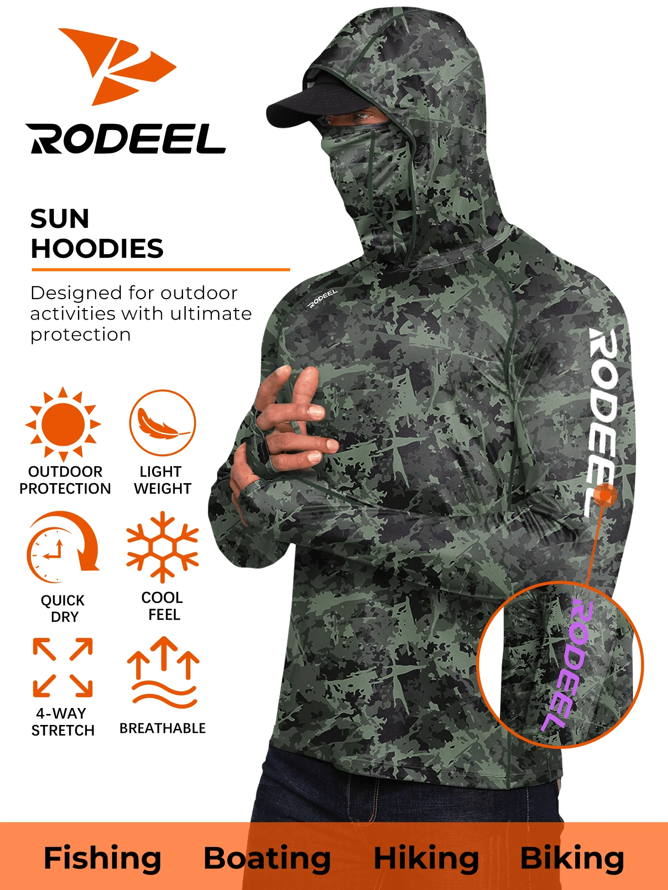 RODEEL Men's Outdoor Hooded Sweatshirt With Face Mask And Neck Protection, Thumb Holes, Soft & Lightweight, 4-Way Stretch Sports - Army Green - View 1